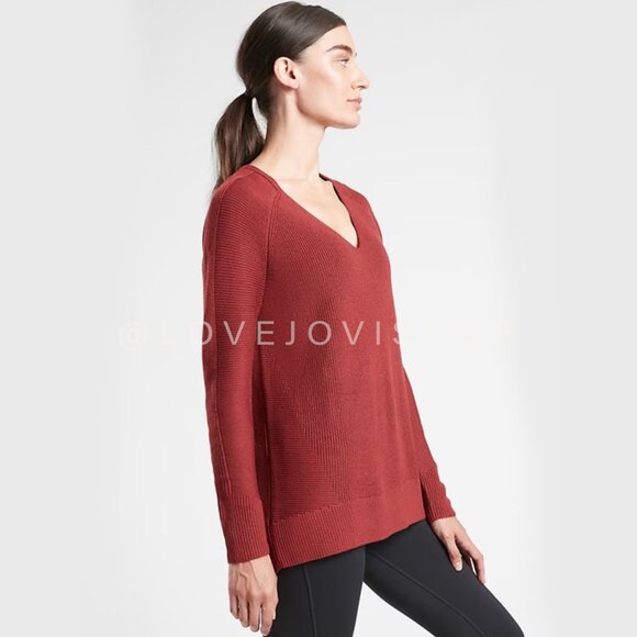 Minimalist | Athleta Brick Red V-Neck Sweater | Sunset Rust Merino Cable Knit - Picture 4 of 14